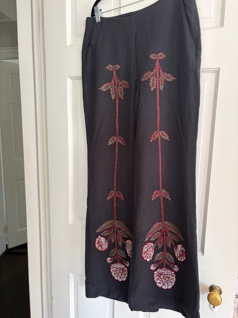 Alix Of Bohemia Charlie Trumpet Wide-Leg Pants With Floral Embroidery Sz S